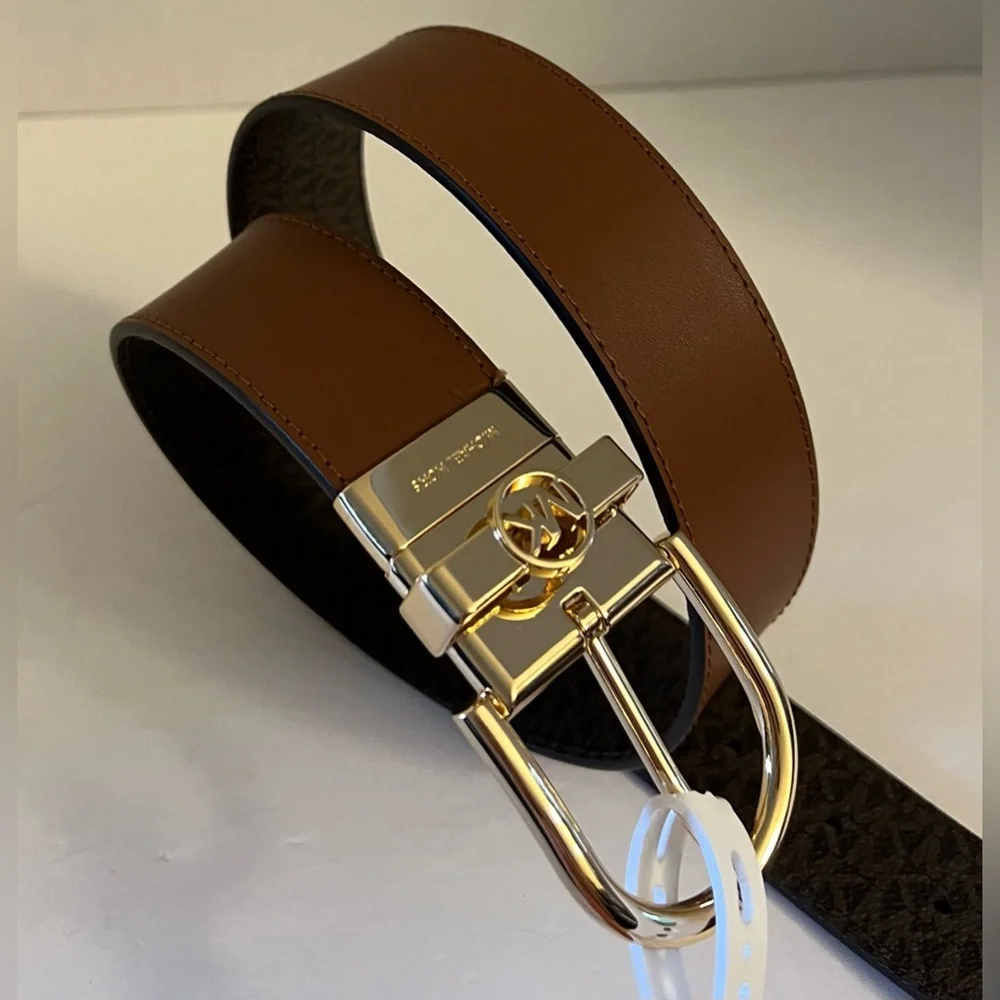 Michael Kors Brown Leather Belt with Gold Buckle Size Large